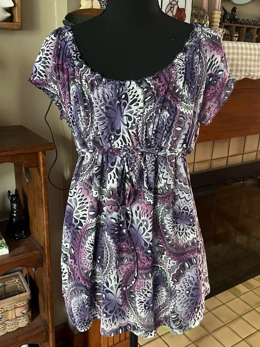 Y2K Axcess Purple Floral Paisley Babydoll Short Sleeve Blouse